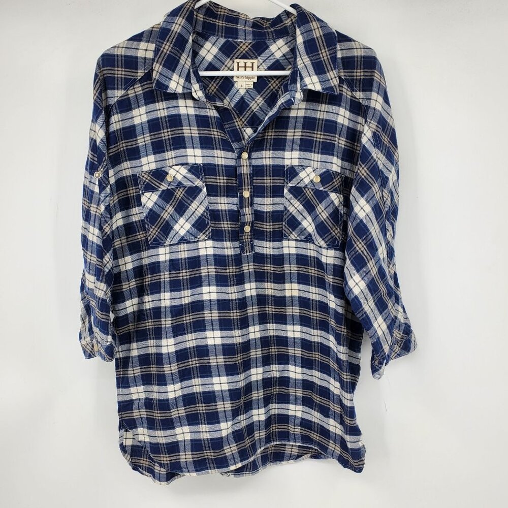 Haute Hippe Blue Flannel Plaid Dolman Sleeve Pearl Snap Popover Women's Shirt Sm